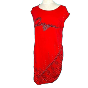 🌷OXYGEN🌷RED Rhinestone Beaded Short Sleeve Dress